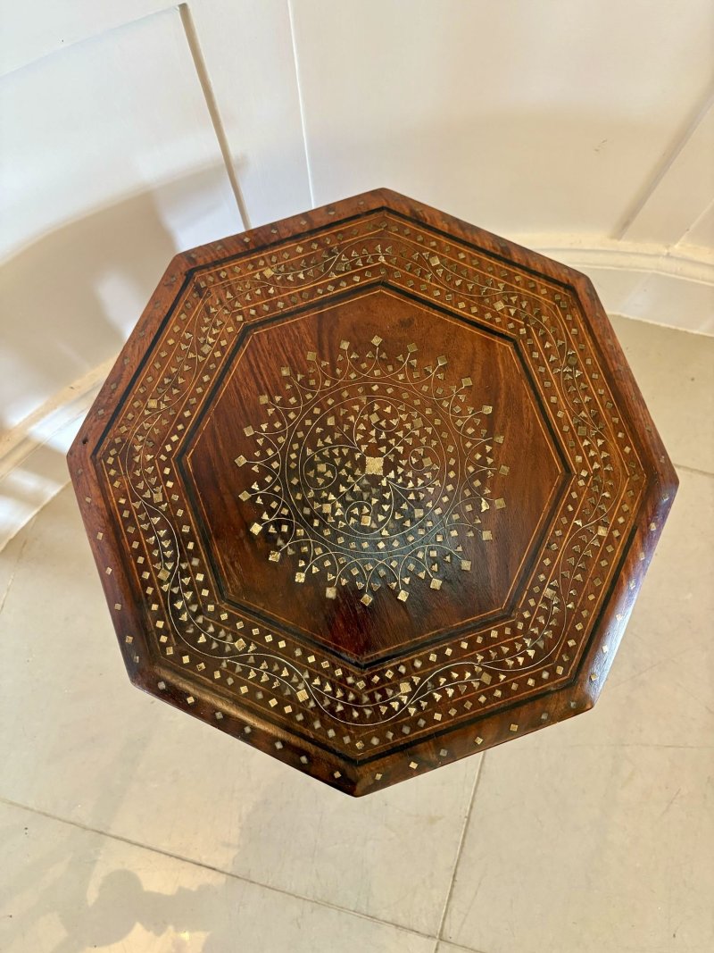 Small Antique Quality Brass and Bone Inlaid Indian Teak Table - Image 3